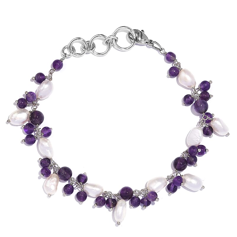 African Amethyst and White Freshwater Pearl 27.75 ctw Bracelet in Stainless Stee (7.25 In)