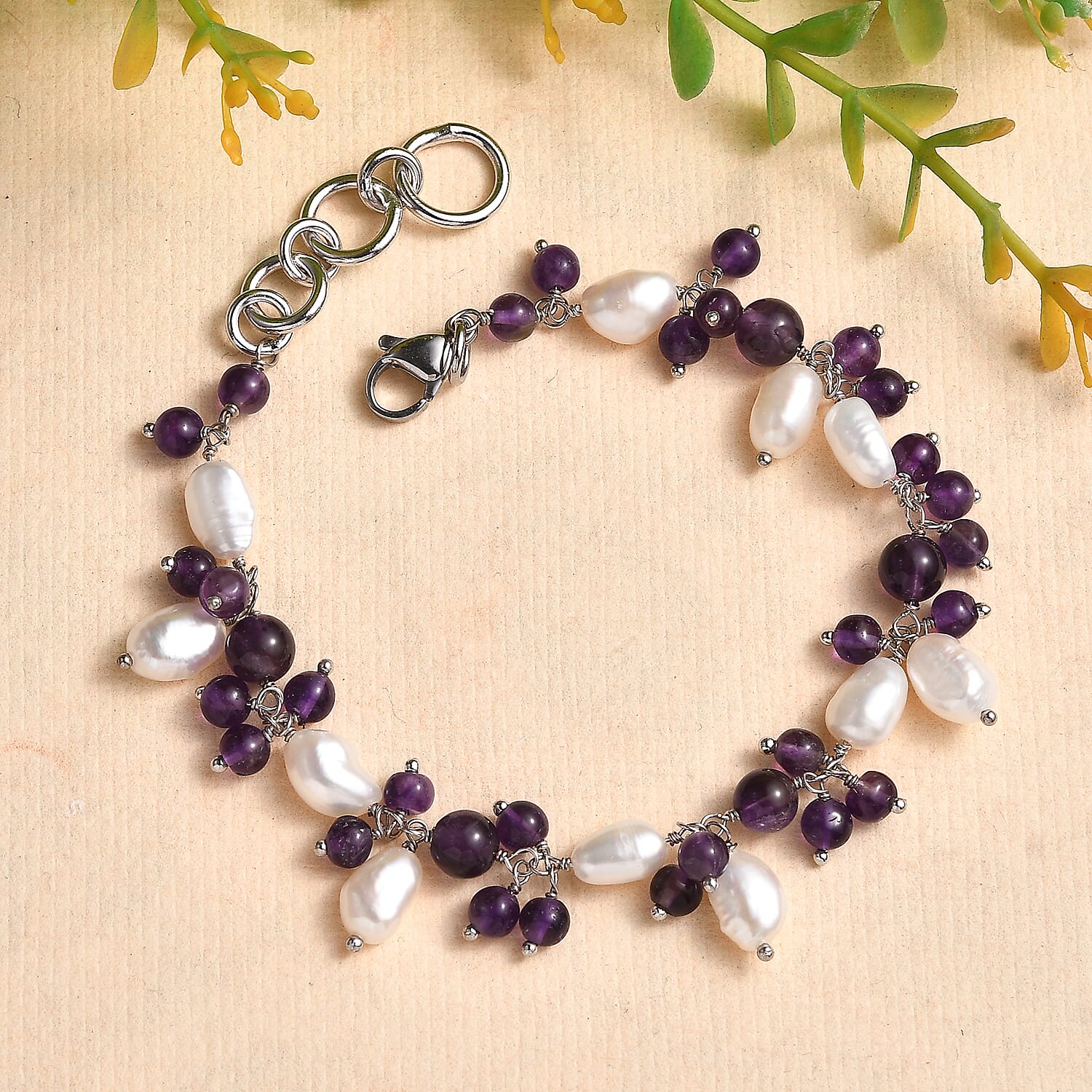African Amethyst and White Freshwater Pearl 27.75 ctw Bracelet in Stainless Stee (7.25 In)