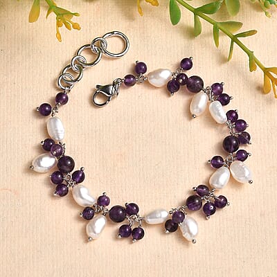 African Amethyst and White Freshwater Pearl 27.75 ctw Bracelet in Stainless Stee (7.25 In)