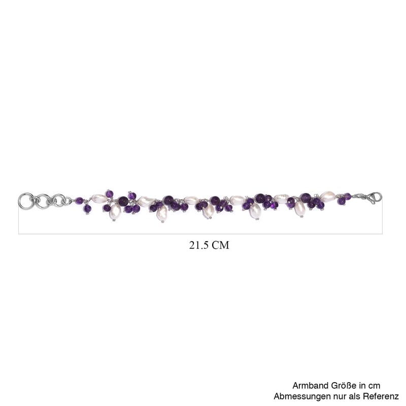 African Amethyst and White Freshwater Pearl 27.75 ctw Bracelet in Stainless Stee (7.25 In)