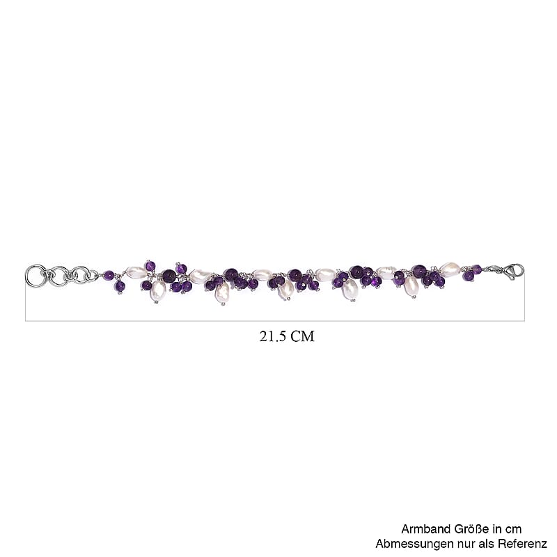 African Amethyst and White Freshwater Pearl 27.75 ctw Bracelet in Stainless Stee (7.25 In)
