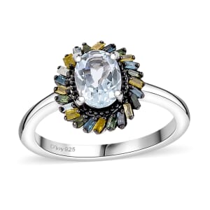 Premium Mangoro Aquamarine and Multi Color Diamond IR 0.80 ctw Ring in Rhodium Over Sterling Silver (Size 10.0)