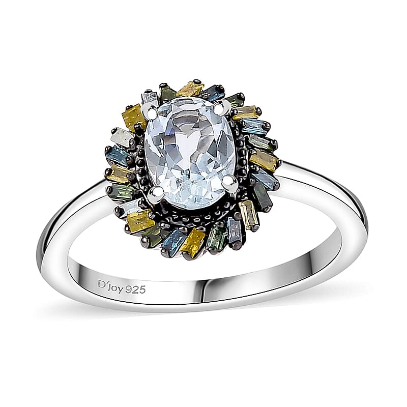 Premium Mangoro Aquamarine and Multi Color Diamond IR 0.80 ctw Ring in Rhodium Over Sterling Silver (Size 10.0)