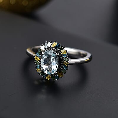 Premium Mangoro Aquamarine and Multi Color Diamond IR 0.80 ctw Ring in Rhodium Over Sterling Silver (Size 10.0)