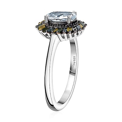 Premium Mangoro Aquamarine and Multi Color Diamond IR 0.80 ctw Ring in Rhodium Over Sterling Silver (Size 10.0)