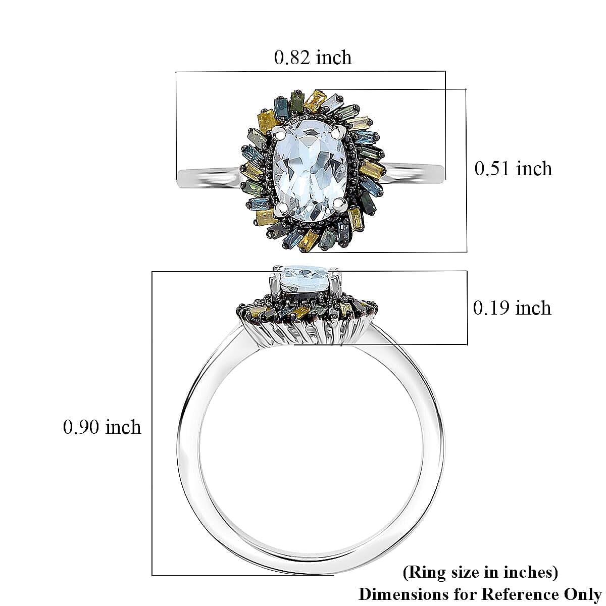 Premium Mangoro Aquamarine and Multi Color Diamond IR 0.80 ctw Ring in Rhodium Over Sterling Silver (Size 10.0)