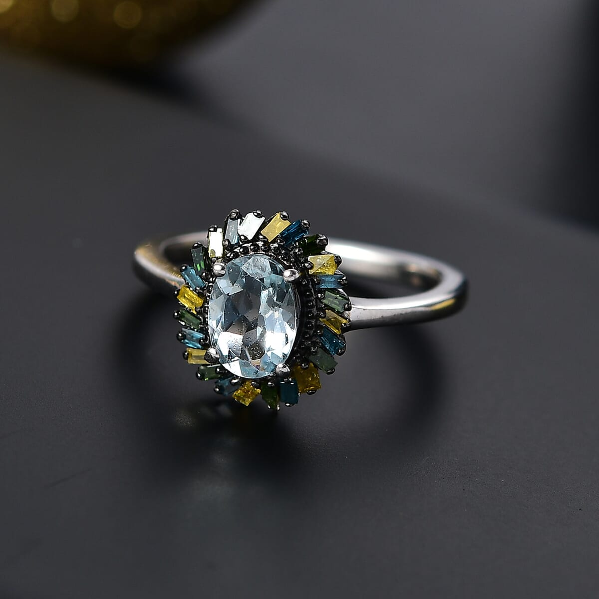 Premium Mangoro Aquamarine and Multi Color Diamond IR 0.80 ctw Ring in Rhodium Over Sterling Silver (Size 5.0) image number 1