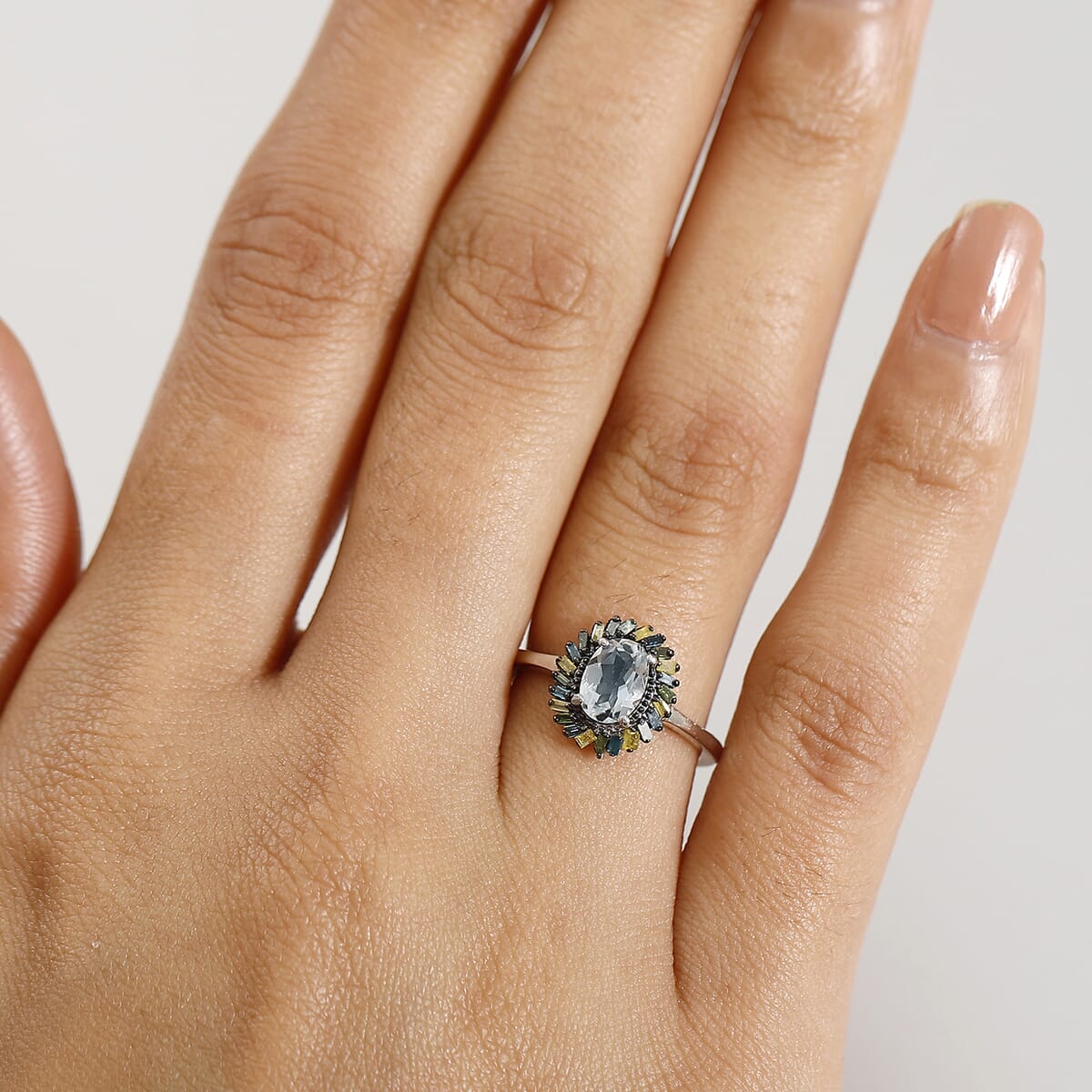 Premium Mangoro Aquamarine and Multi Color Diamond IR 0.80 ctw Ring in Rhodium Over Sterling Silver (Size 5.0) image number 2