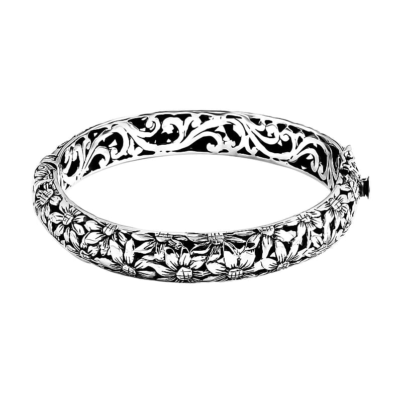 D'Joy Bali Legacy Sterling Silver Frangipani Flower Bangle Bracelet (6.50 In) 31.35 Grams
