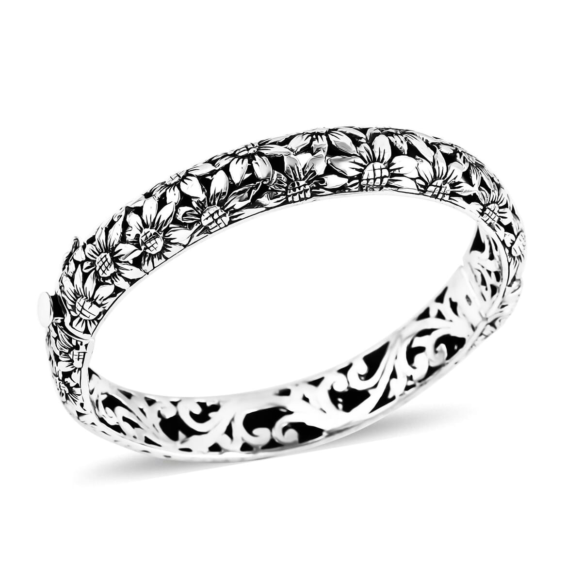 Bali Legacy Sterling Silver Frangipani Flower Bangle Bracelet (7.25 In) 34.50 Grams image number 3