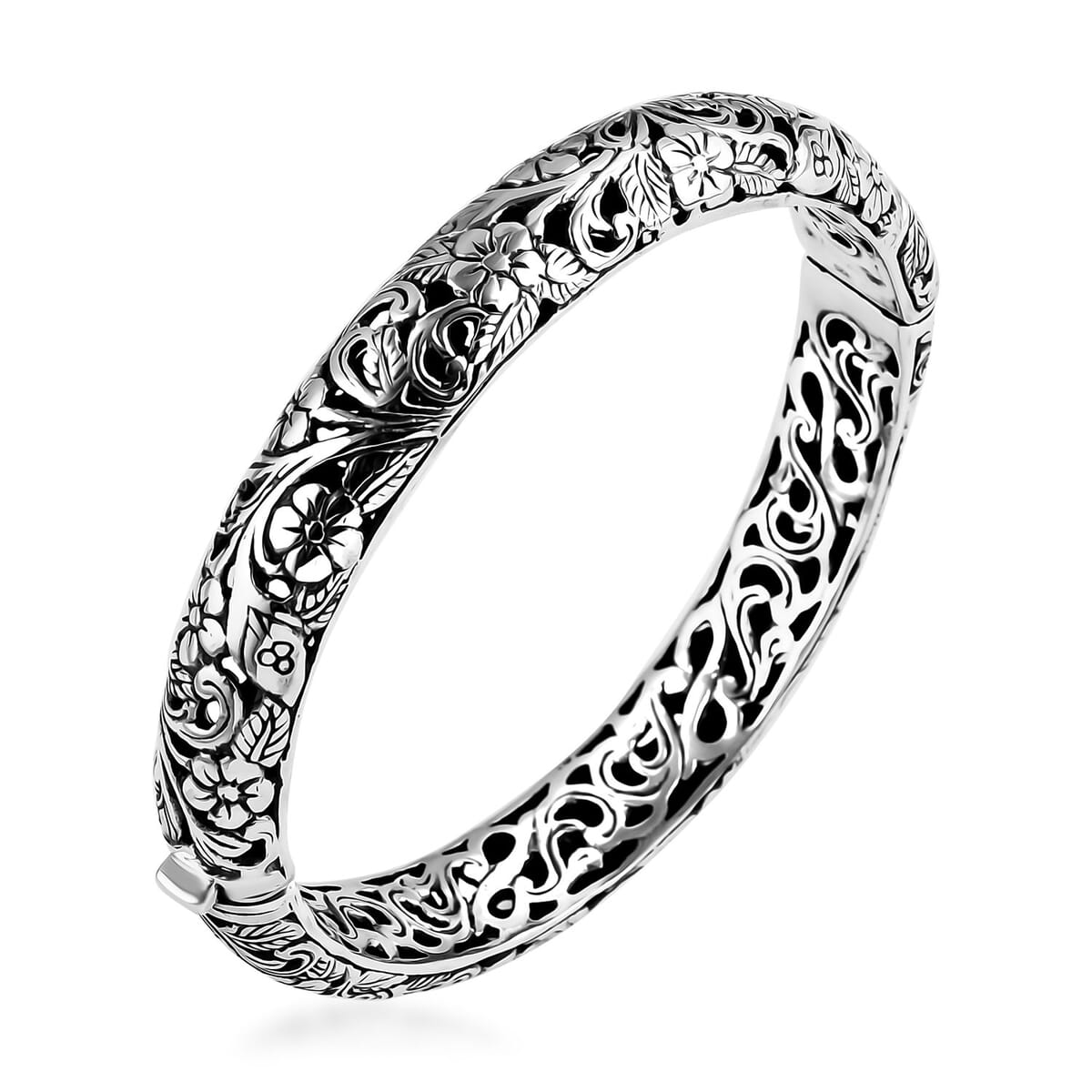 Bali Legacy Sterling Silver Rose Flower Bangle Bracelet (7.25 In) 29.70 Grams image number 3