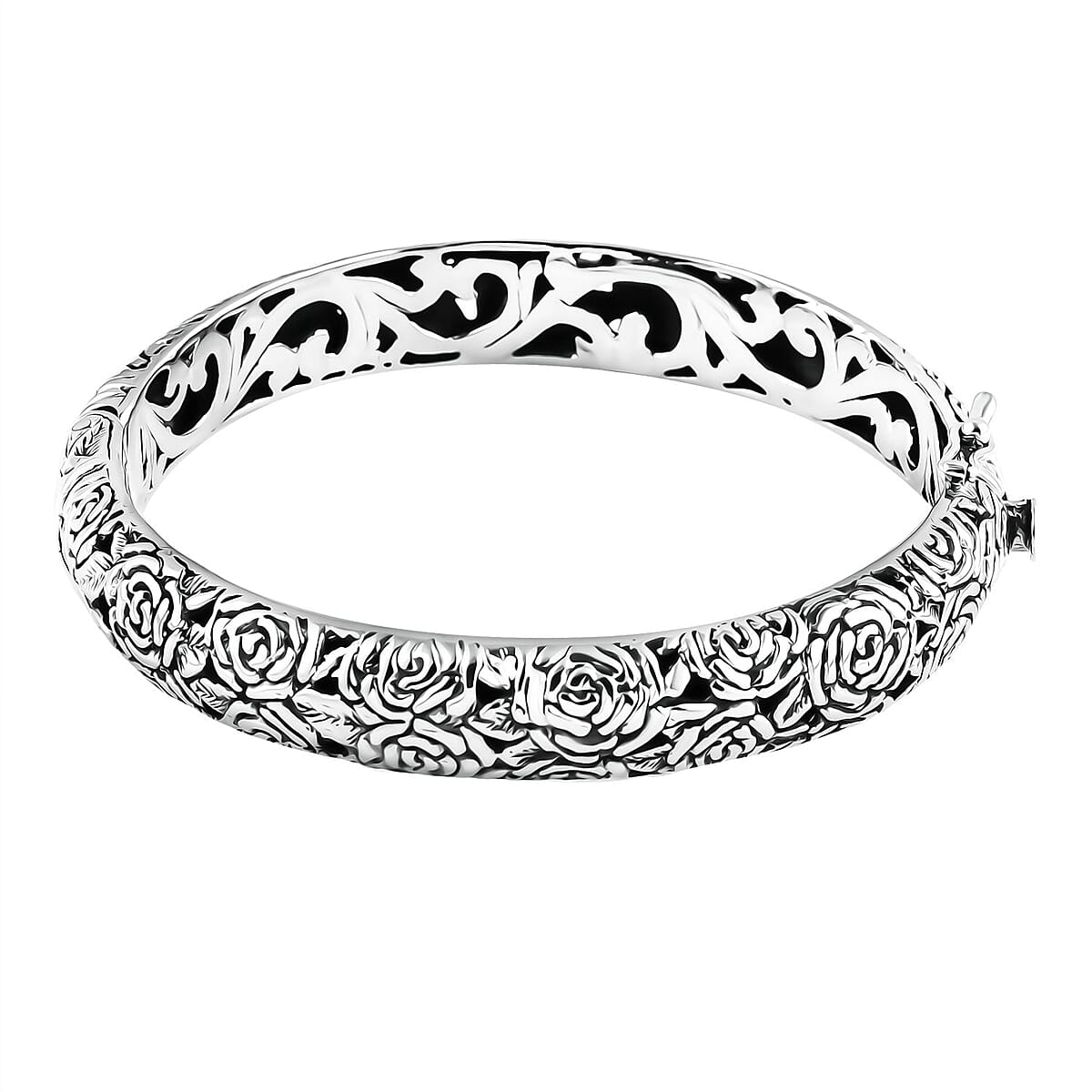 D'Joy Bali Legacy Sterling Silver Rose Flower Bangle Bracelet (7.25 In) 35.40 Grams image number 0