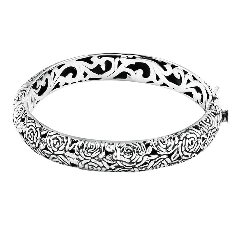 D'Joy Bali Legacy Sterling Silver Rose Flower Bangle Bracelet (7.25 In) 35.40 Grams