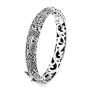 D'Joy Bali Legacy Sterling Silver Rose Flower Bangle Bracelet (7.25 In) 35.40 Grams