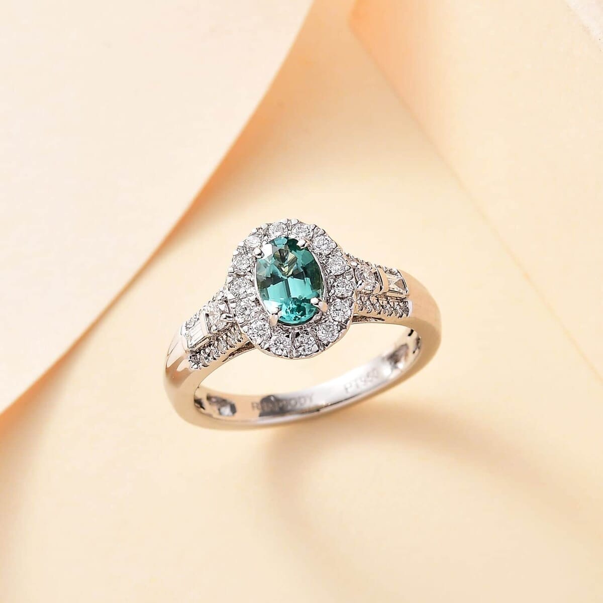 Certified & Appraised Rhapsody AAAA Pirineu Lagoon Tourmaline and E-F VS Diamond 1.15 ctw Ring in 950 Platinum (Size 9.5) 6.05 Grams image number 1