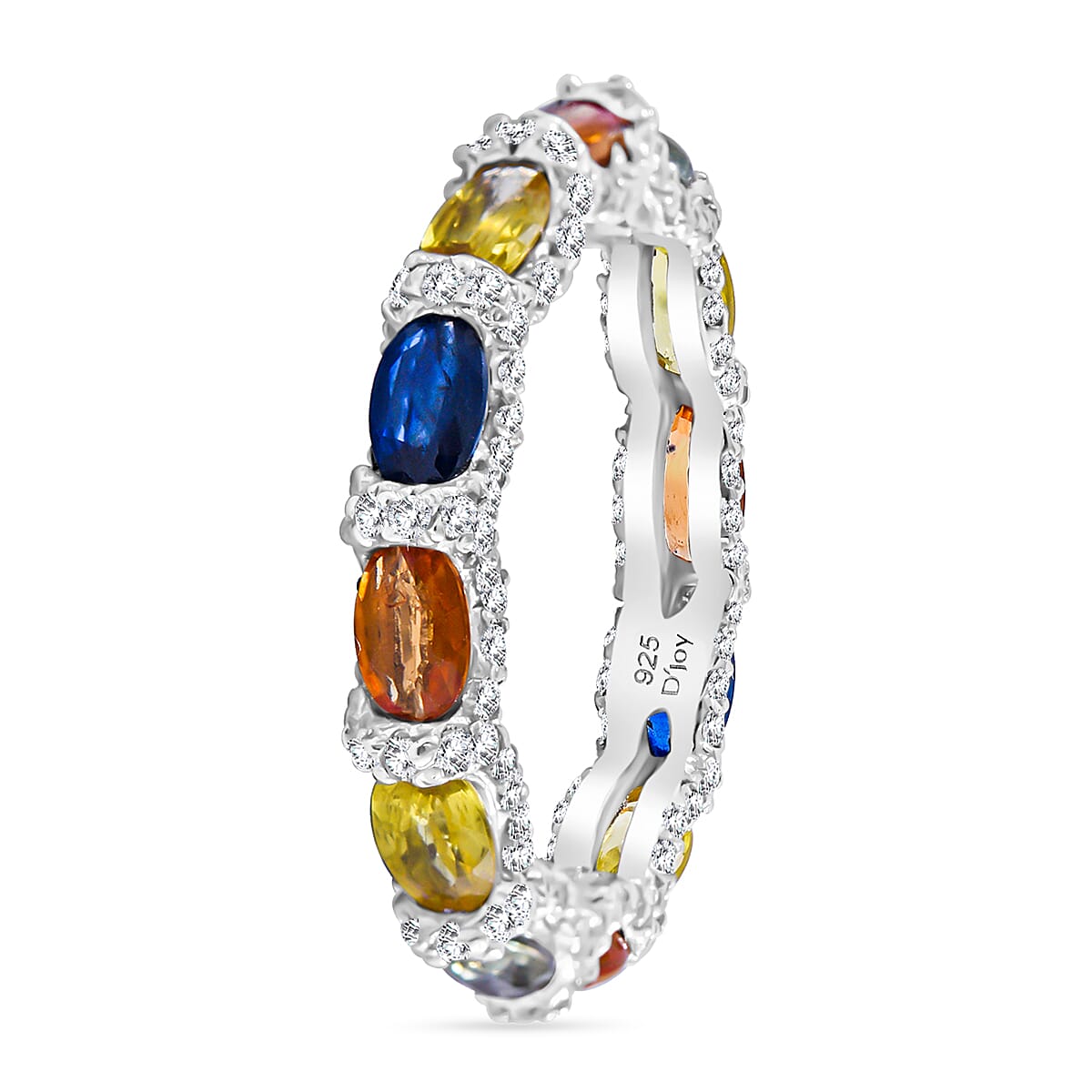 Premium Multi Sapphire and Moissanite 4.25 ctw Rainbow Eternity Ring in Rhodium Over Sterling Silver (Size 5.5) image number 2