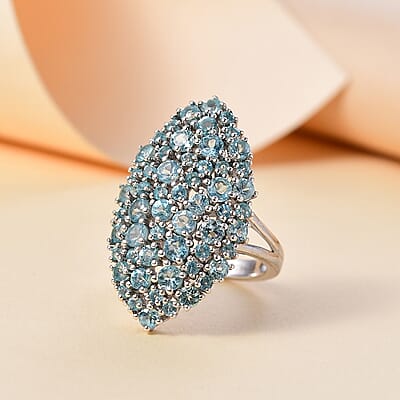 Madagascar Lagoon Apatite 3.60 ctw Bouquet Ring in Rhodium Over Sterling Silver (Size 10.0) 