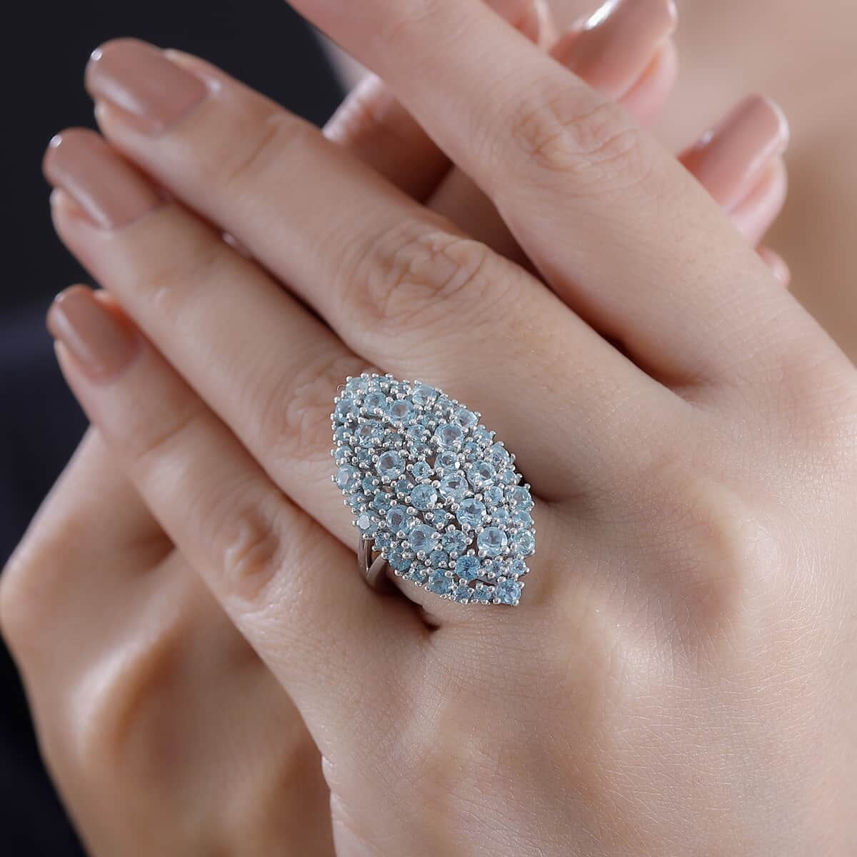 Madagascar Lagoon Apatite 3.60 ctw Bouquet Ring in Rhodium Over Sterling Silver (Size 10.0)  image number 2