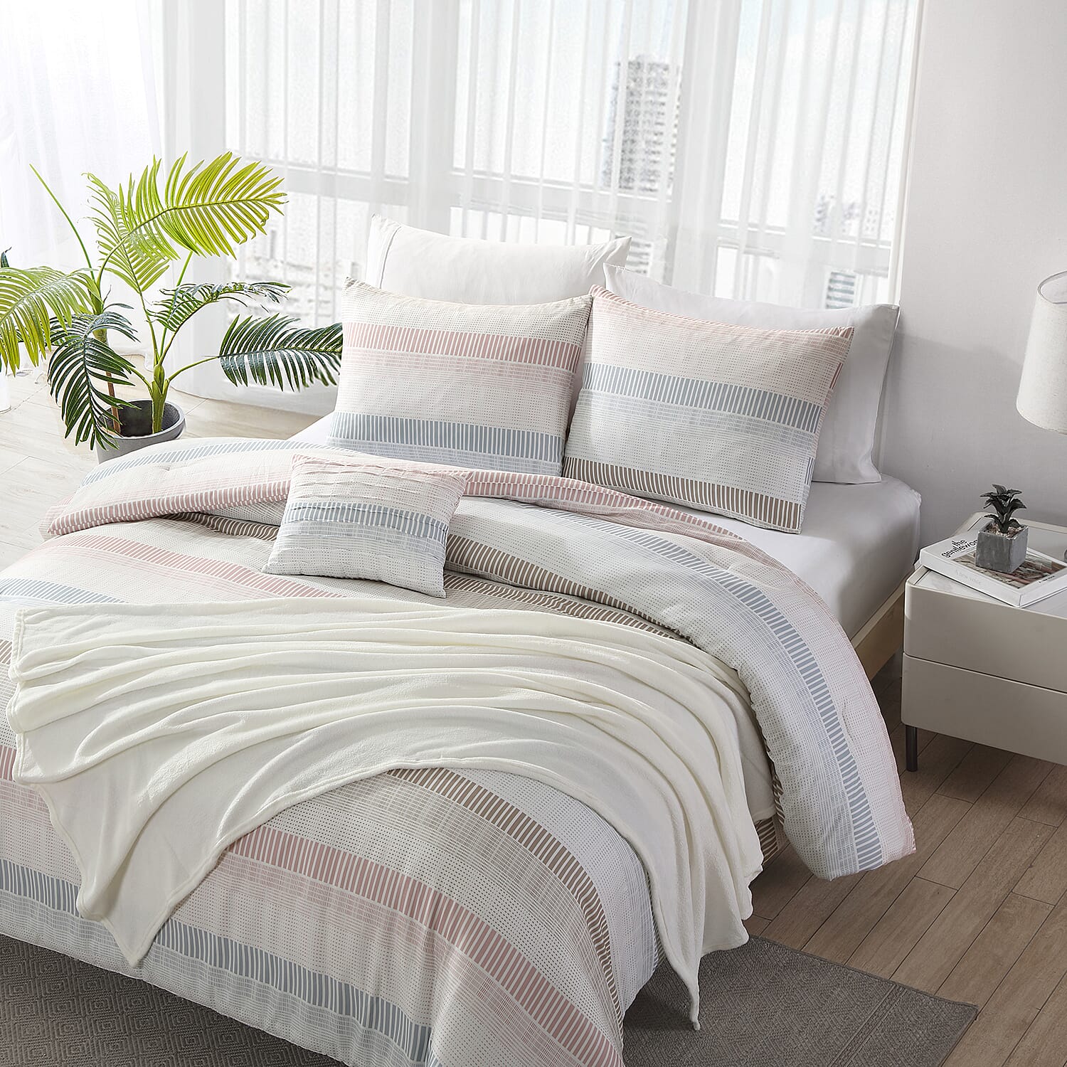 The Nesting Company Blue Magenta Felicity Stripe 5 Piece Comforter Set with Throw - King
