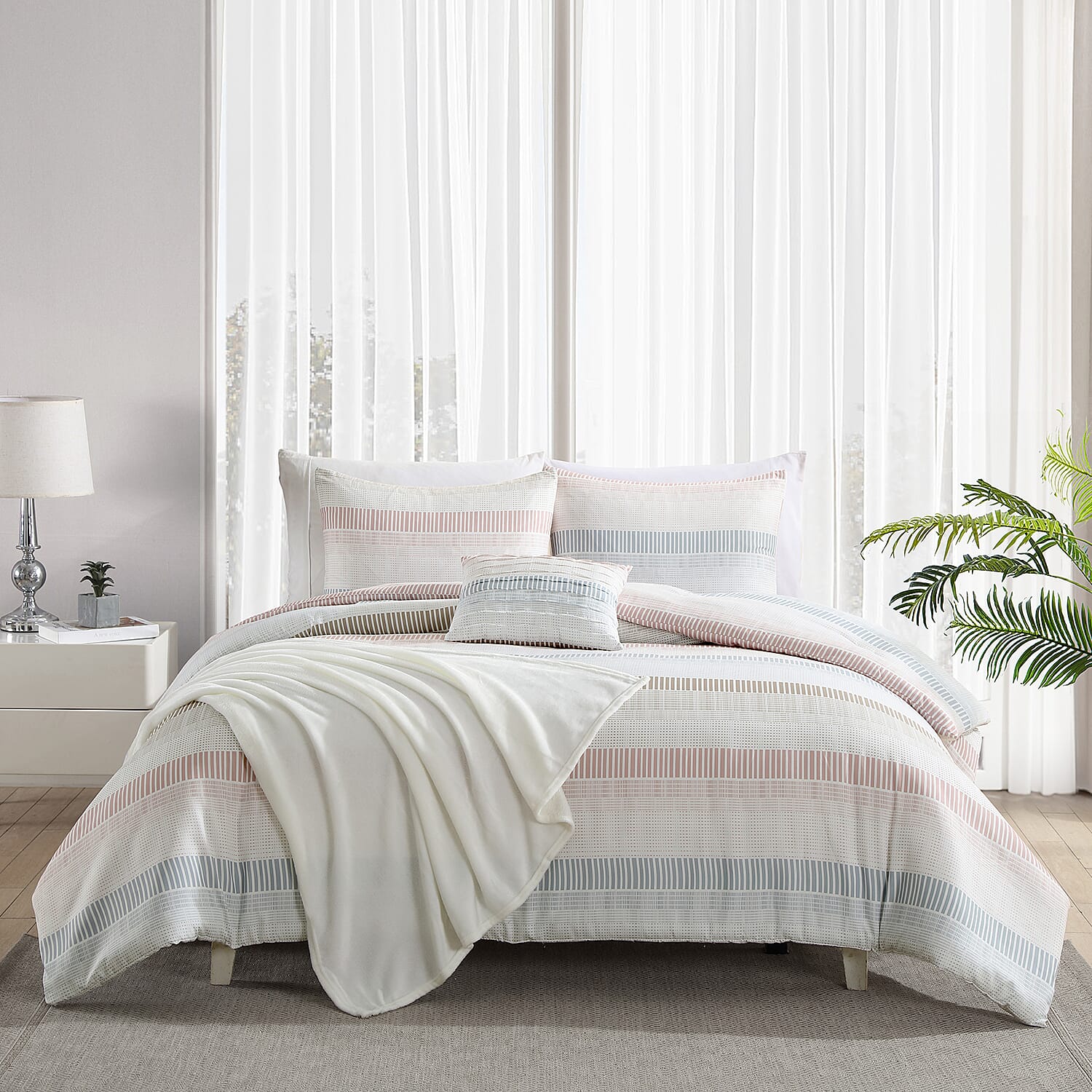 The Nesting Company Blue Magenta Felicity Stripe 5 Piece Comforter Set with Throw - King