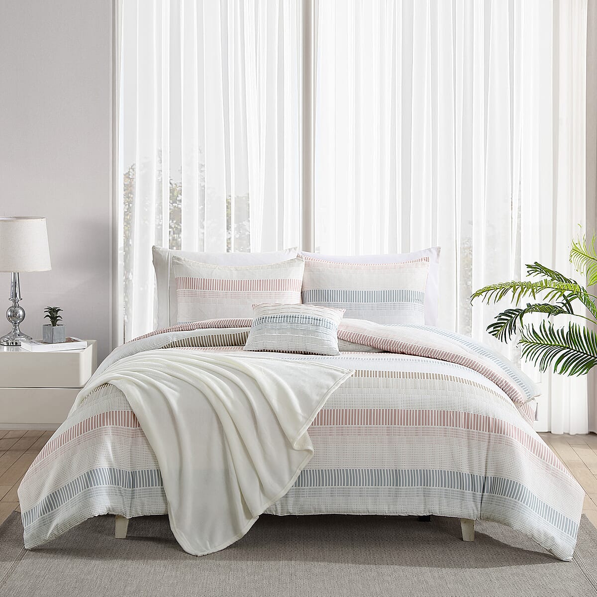 The Nesting Company Blue Magenta Felicity Stripe 5 Piece Comforter Set with Throw - King image number 1