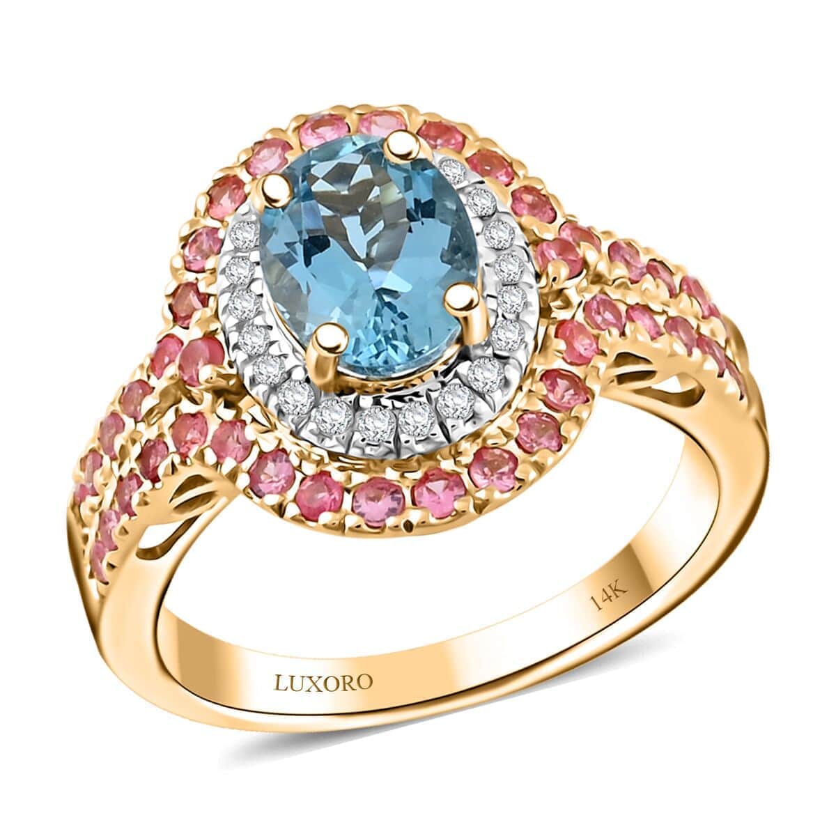 Certified & Appraised Luxoro 14K Yellow Gold AAA Santa Maria Aquamarine, Mahenge Spinel, Diamond (I2) Double Halo Ring (Size 6.0) (5.05 g) 2.05 ctw image number 0