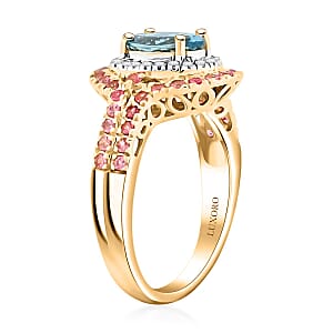 Certified & Appraised Luxoro AAA Santa Maria Aquamarine, Mahenge Spinel and I2 Diamond 2.05 ctw Double Halo Ring in 14K Yellow Gold (Size  7.0)  5.05 Grams