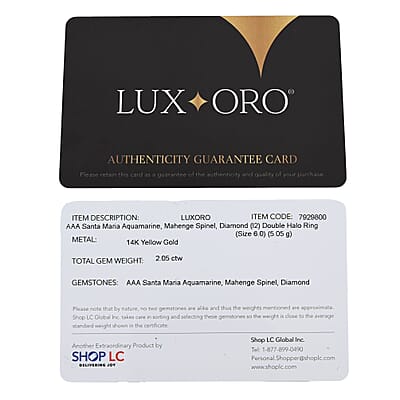 Certified & Appraised Luxoro AAA Santa Maria Aquamarine, Mahenge Spinel and I2 Diamond 2.05 ctw Double Halo Ring in 14K Yellow Gold (Size  7.0)  5.05 Grams