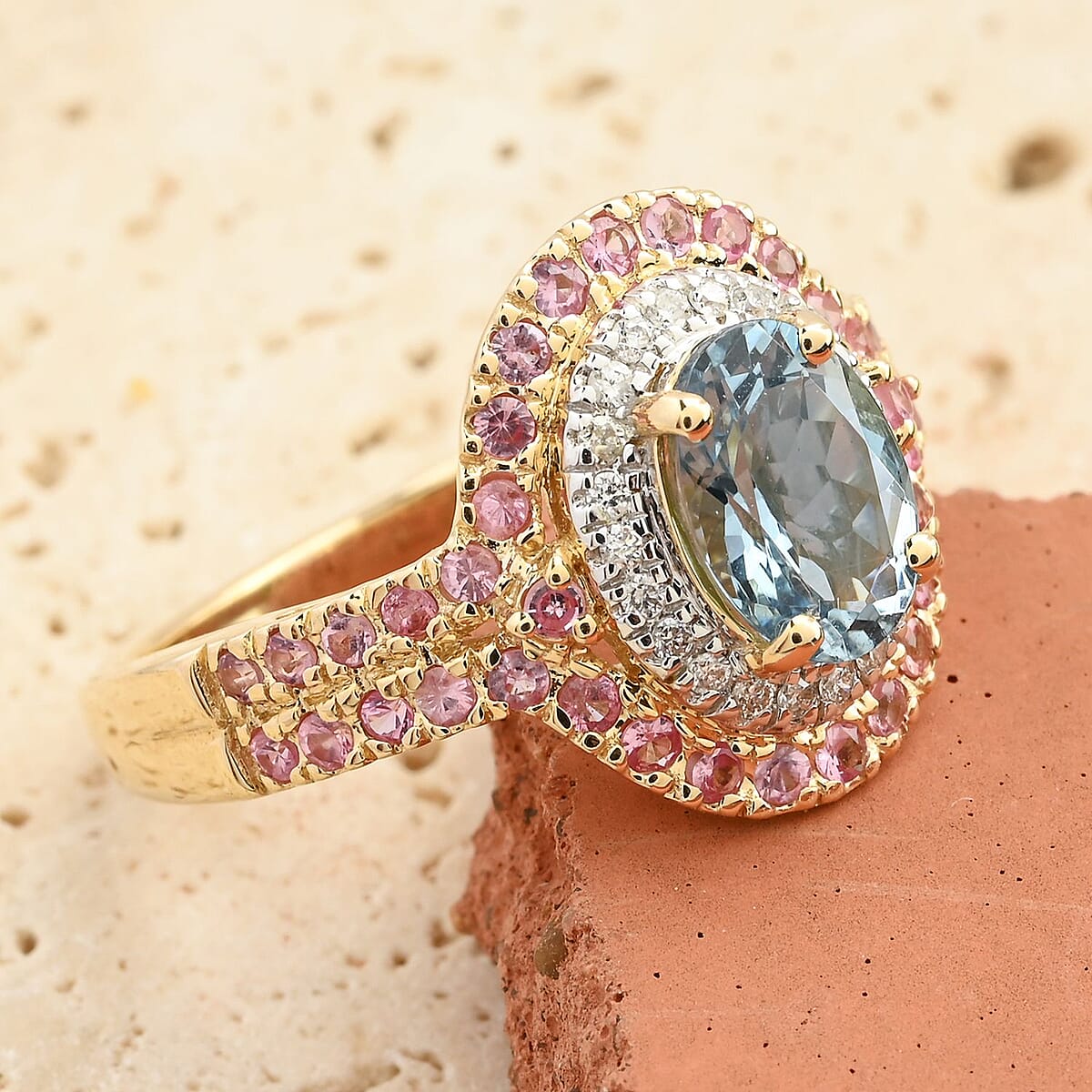 Certified & Appraised Luxoro AAA Santa Maria Aquamarine, Mahenge Spinel and I2 Diamond 2.05 ctw Double Halo Ring in 14K Yellow Gold (Size  8.0)  5.05 Grams image number 1