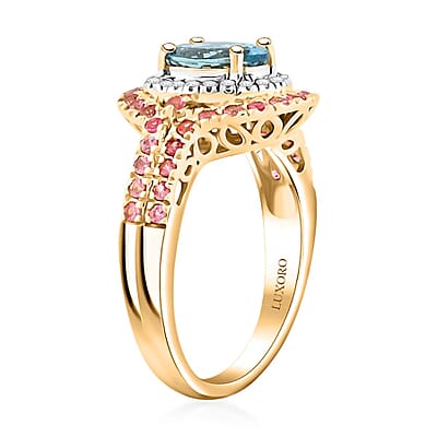 Certified & Appraised Luxoro AAA Santa Maria Aquamarine, Mahenge Spinel and I2 Diamond 2.05 ctw Double Halo Ring in 14K Yellow Gold (Size  8.0)  5.05 Grams
