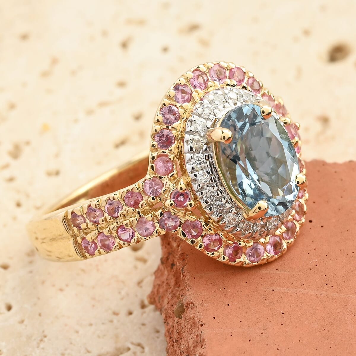 Certified & Appraised Luxoro AAA Santa Maria Aquamarine, Mahenge Spinel and I2 Diamond 2.05 ctw Double Halo Ring in 14K Yellow Gold (Size  9.0)  5.05 Grams image number 1