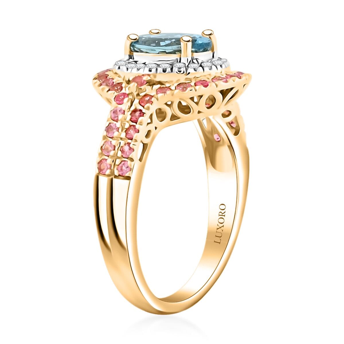 Certified & Appraised Luxoro AAA Santa Maria Aquamarine, Mahenge Spinel and I2 Diamond 2.05 ctw Double Halo Ring in 14K Yellow Gold (Size  9.0)  5.05 Grams image number 3