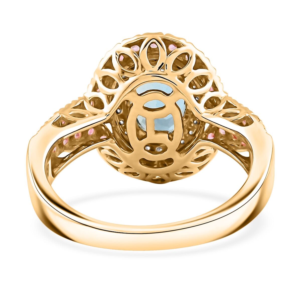 Certified & Appraised Luxoro AAA Santa Maria Aquamarine, Mahenge Spinel and I2 Diamond 2.05 ctw Double Halo Ring in 14K Yellow Gold (Size  9.0)  5.05 Grams image number 4