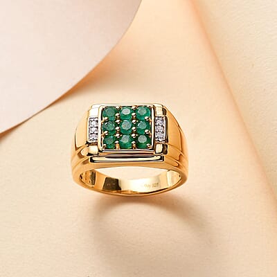 AAA Kagem Zambian Emerald and Diamond 0.90 ctw Men's Ring in 18K Vermeil Yellow Gold Over Sterling Silver (Size 10.0)