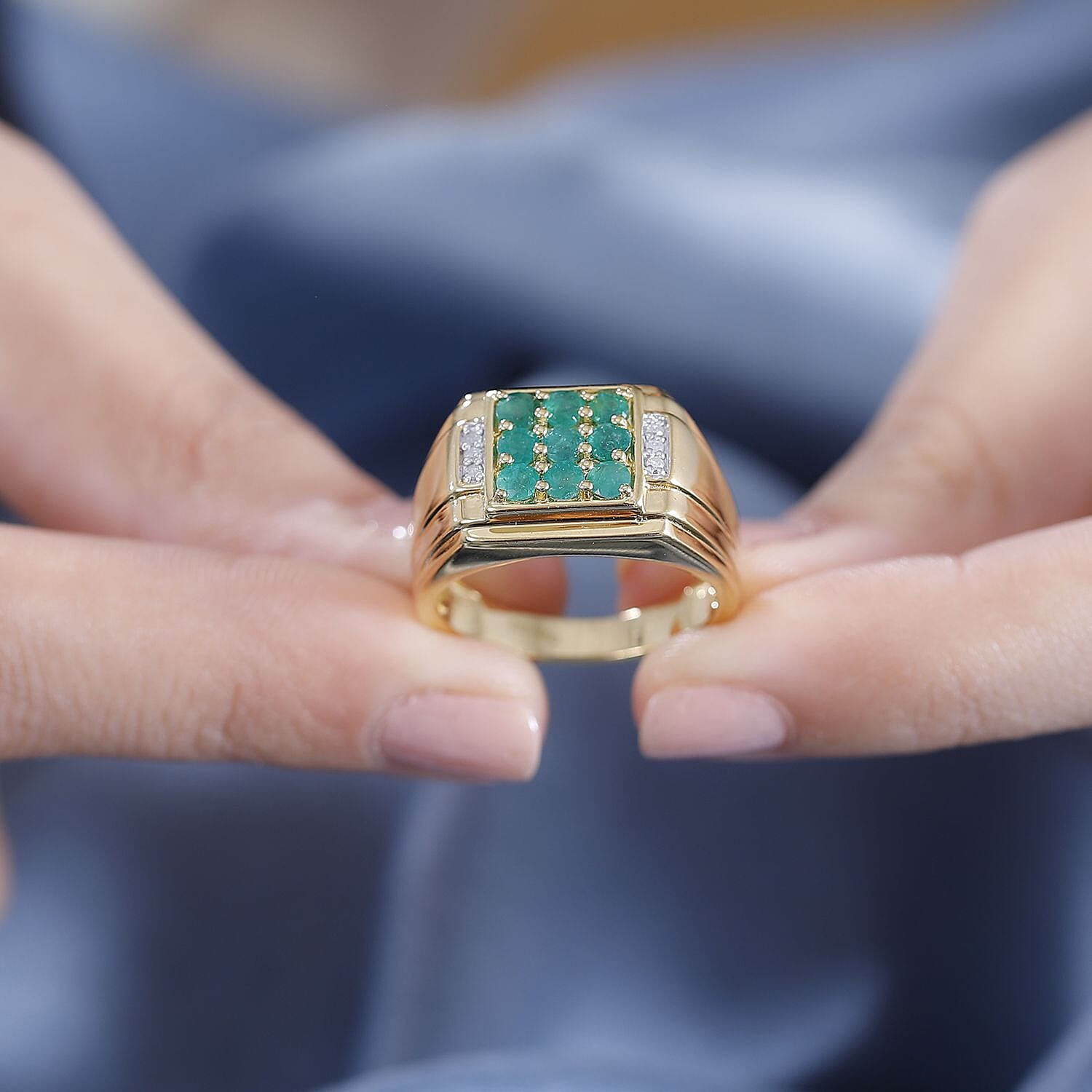 AAA Kagem Zambian Emerald and Diamond 0.90 ctw Men's Ring in 18K Vermeil Yellow Gold Over Sterling Silver (Size 10.0)