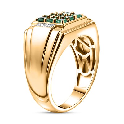 AAA Kagem Zambian Emerald and Diamond 0.90 ctw Men's Ring in 18K Vermeil Yellow Gold Over Sterling Silver (Size 10.0)