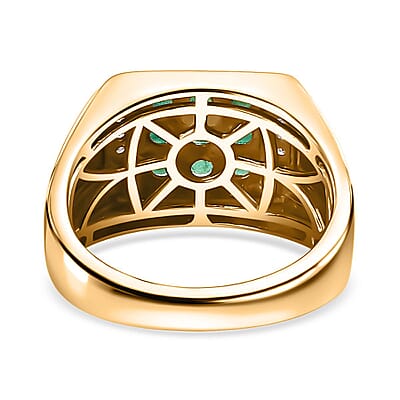 AAA Kagem Zambian Emerald and Diamond 0.90 ctw Men's Ring in 18K Vermeil Yellow Gold Over Sterling Silver (Size 10.0)