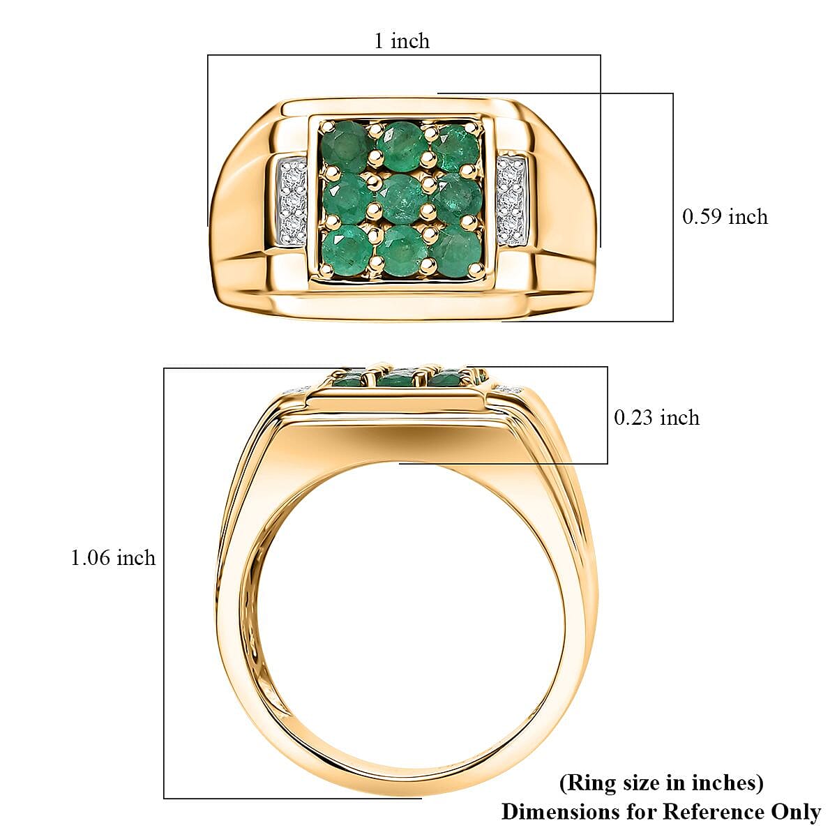 AAA Kagem Zambian Emerald and Diamond 0.90 ctw Men's Ring in 18K Vermeil Yellow Gold Over Sterling Silver (Size 10.0)