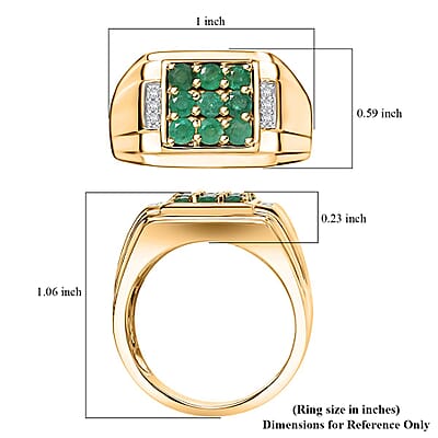 AAA Kagem Zambian Emerald and Diamond 0.90 ctw Men's Ring in 18K Vermeil Yellow Gold Over Sterling Silver (Size 10.0)