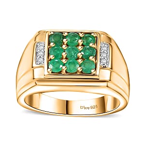 AAA Kagem Zambian Emerald and Diamond 0.90 ctw Men's Ring in 18K Vermeil Yellow Gold Over Sterling Silver (Size 12.0)