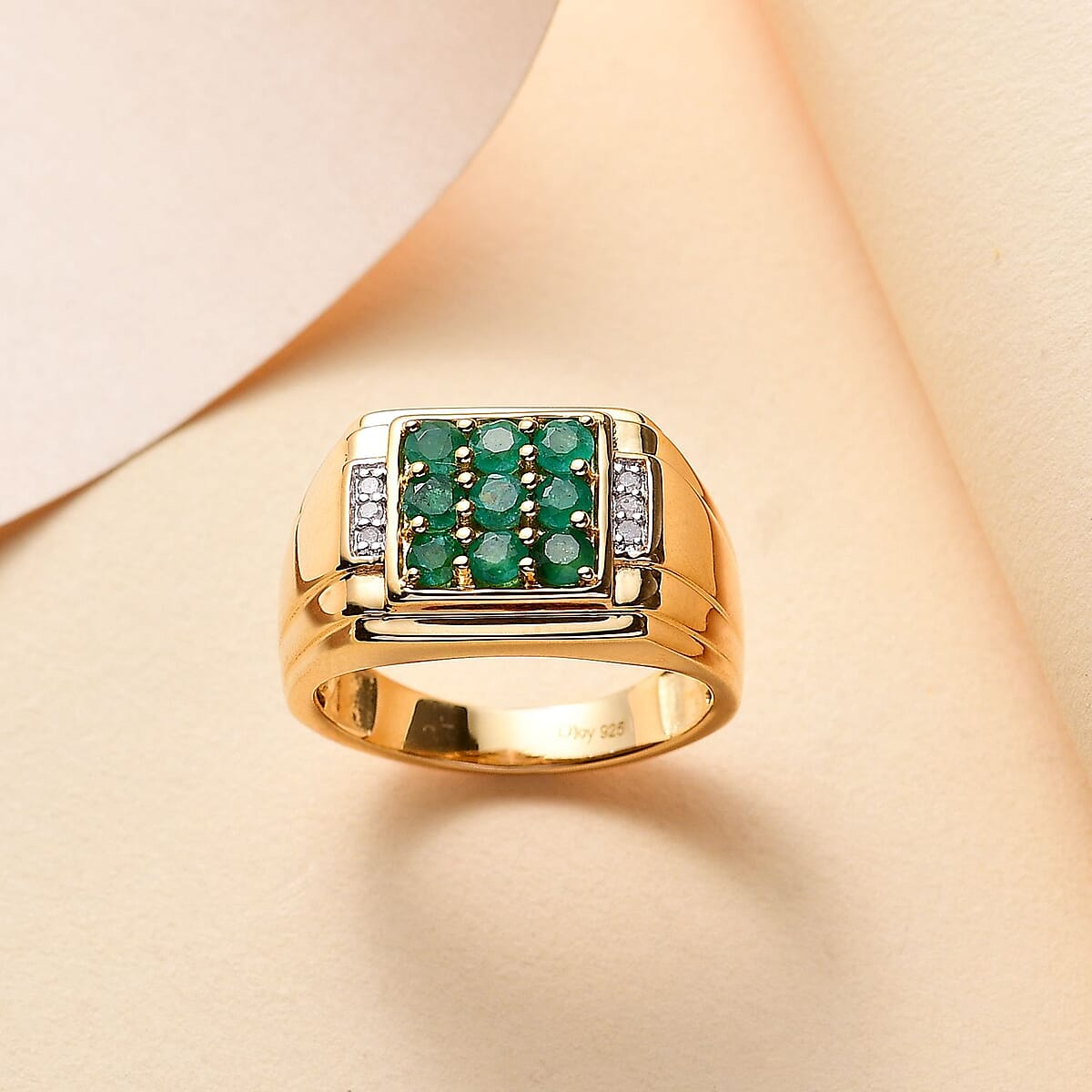 AAA Kagem Zambian Emerald and Diamond 0.90 ctw Men's Ring in 18K Vermeil Yellow Gold Over Sterling Silver (Size 14.0) image number 1
