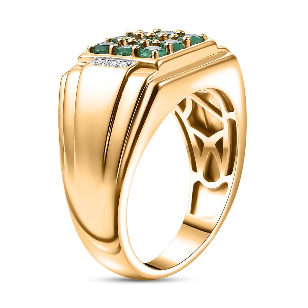 AAA Kagem Zambian Emerald and Diamond 0.90 ctw Men's Ring in 18K Vermeil Yellow Gold Over Sterling Silver (Size 14.0) image number 3