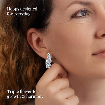 Luxuriant Lab Grown Diamond G-H SI 1.00 ctw Triple Flower Hoop Earrings in Rhodium Over Sterling Silver