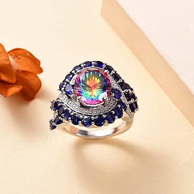 Nebula Quartz Doublet and Multi Gemstone 10.20 ctw Infinity Ring in Rhodium Over Sterling Silver (Size 10.0)