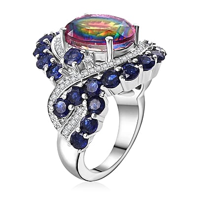 Nebula Quartz Doublet and Multi Gemstone 10.20 ctw Infinity Ring in Rhodium Over Sterling Silver (Size 10.0)