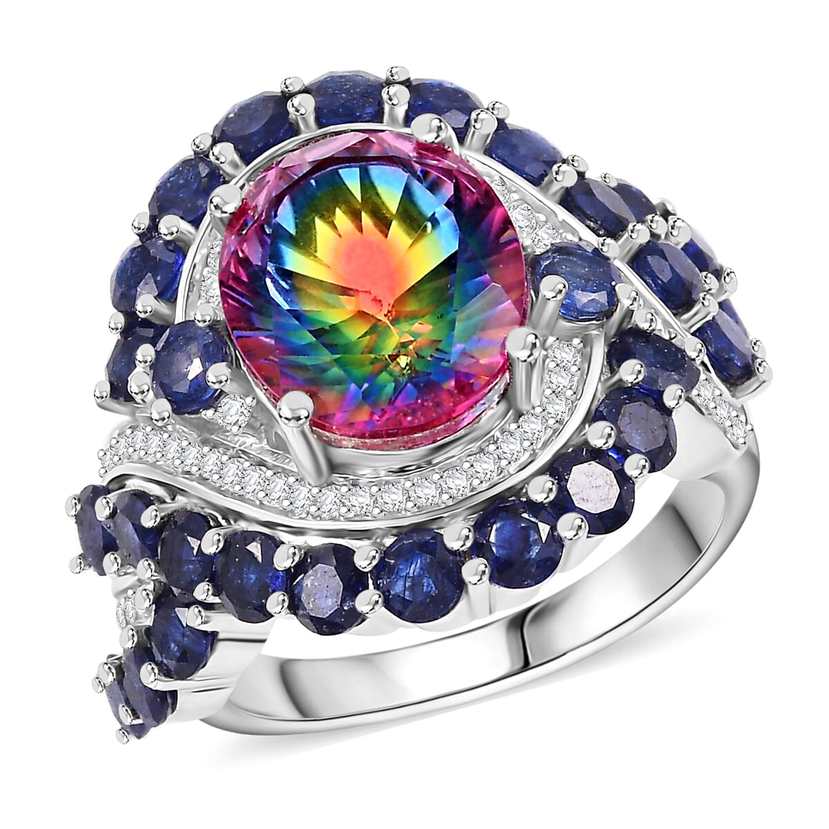 Nebula Quartz Doublet and Multi Gemstone 10.20 ctw Infinity Ring in Rhodium Over Sterling Silver (Size 8.0) image number 0