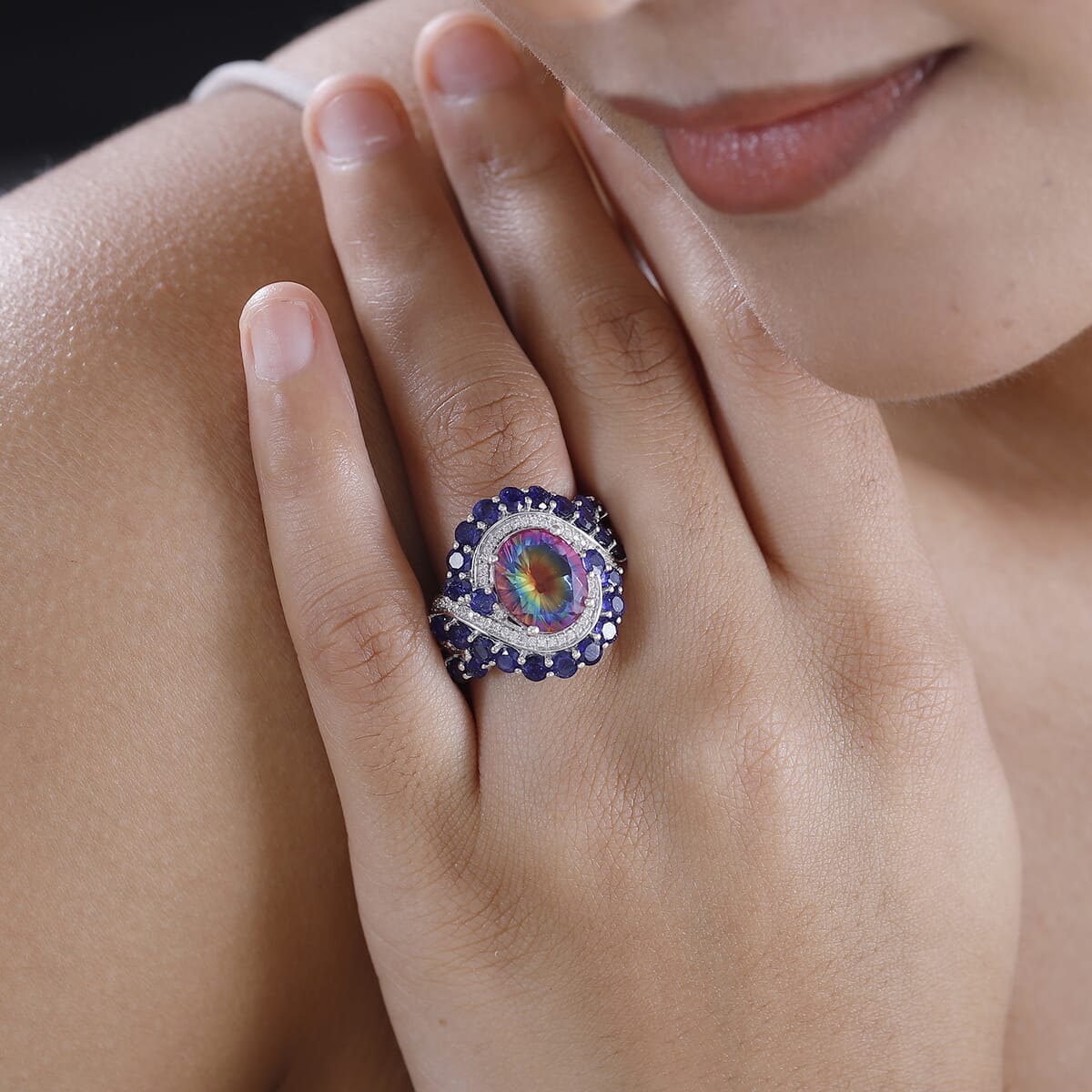Nebula Quartz Doublet and Multi Gemstone 10.20 ctw Infinity Ring in Rhodium Over Sterling Silver (Size 8.0) image number 2