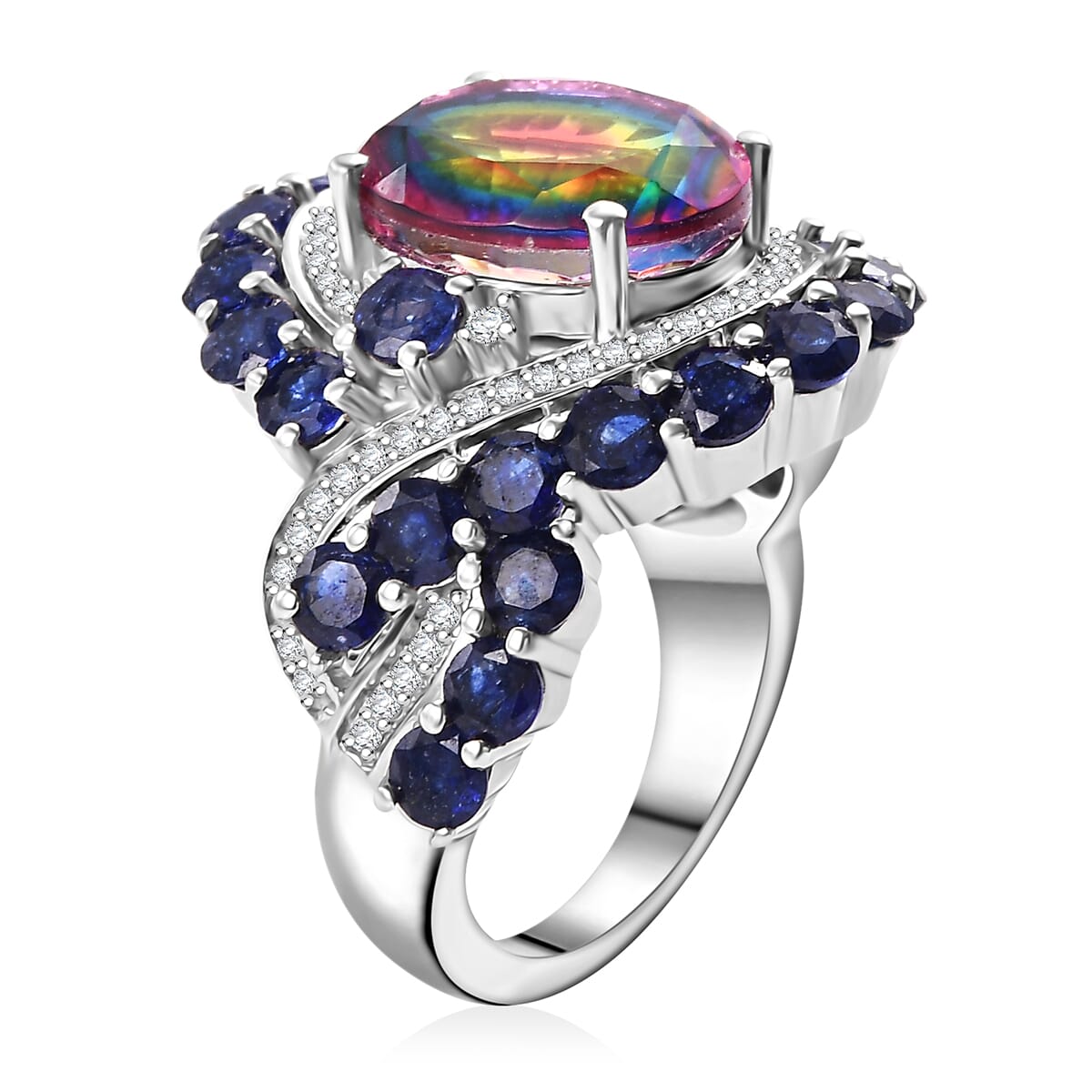 Nebula Quartz Doublet and Multi Gemstone 10.20 ctw Infinity Ring in Rhodium Over Sterling Silver (Size 8.0) image number 3