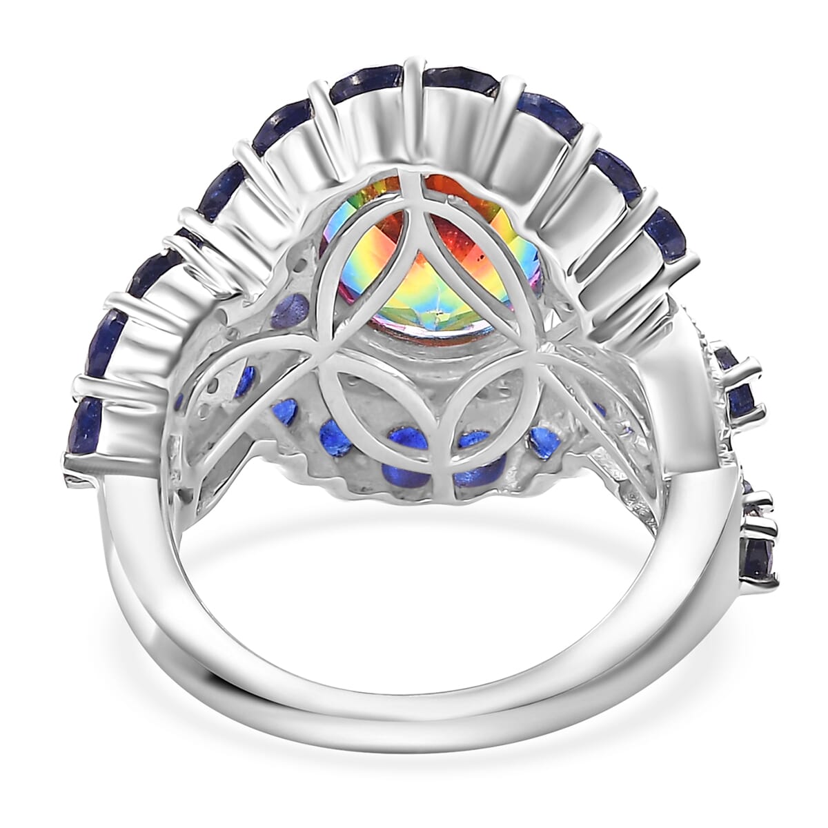 Nebula Quartz Doublet and Multi Gemstone 10.20 ctw Infinity Ring in Rhodium Over Sterling Silver (Size 8.0) image number 4