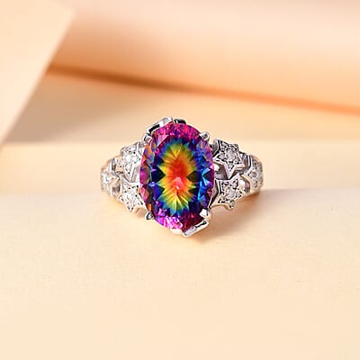 D'Joy Nebula Quartz Doublet and Moissanite 6.50 ctw Celestial Stars Ring in Rhodium Over Sterling Silver (Size 10.0)